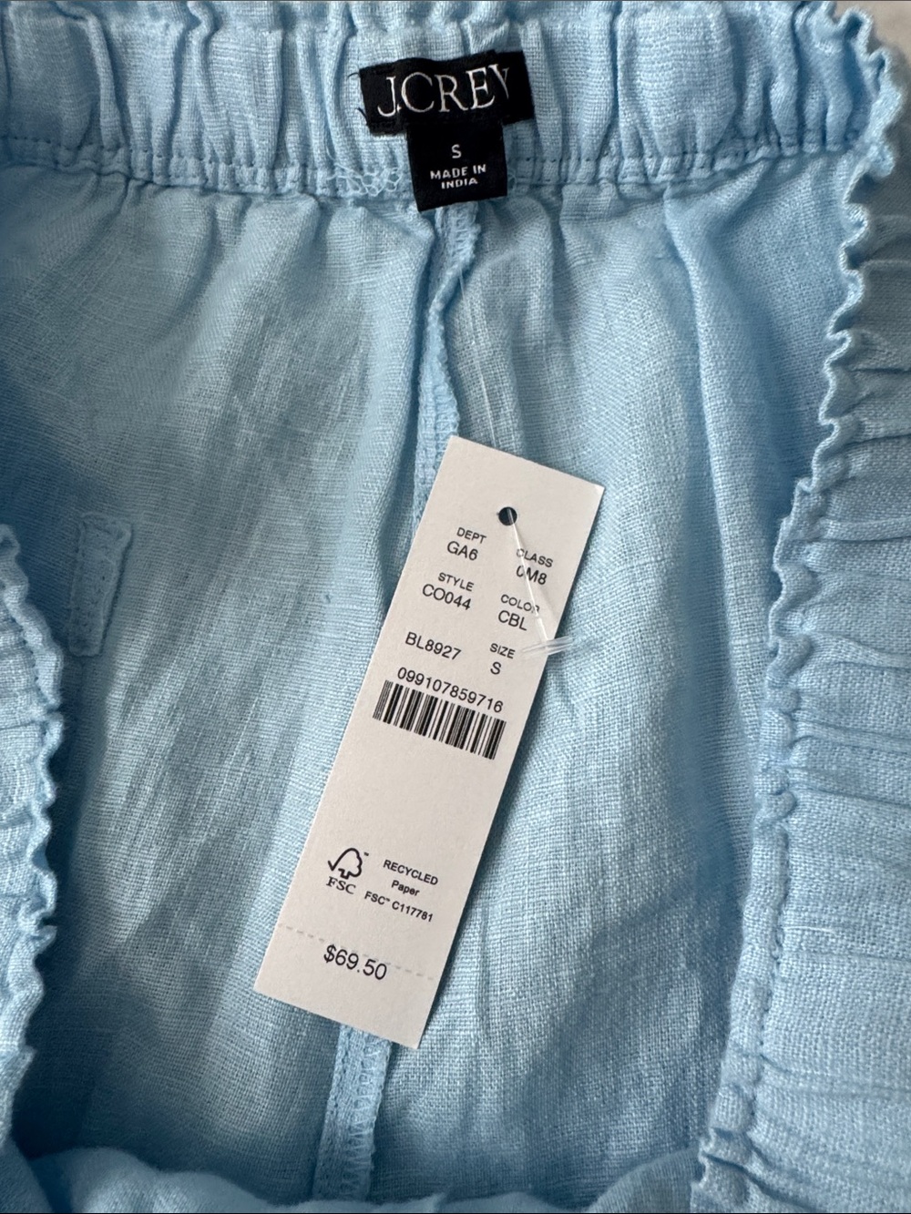 J. Crew Sky Blue Linen-Blend Women's Elastic-Waist Shorts - Picture 2 of 2